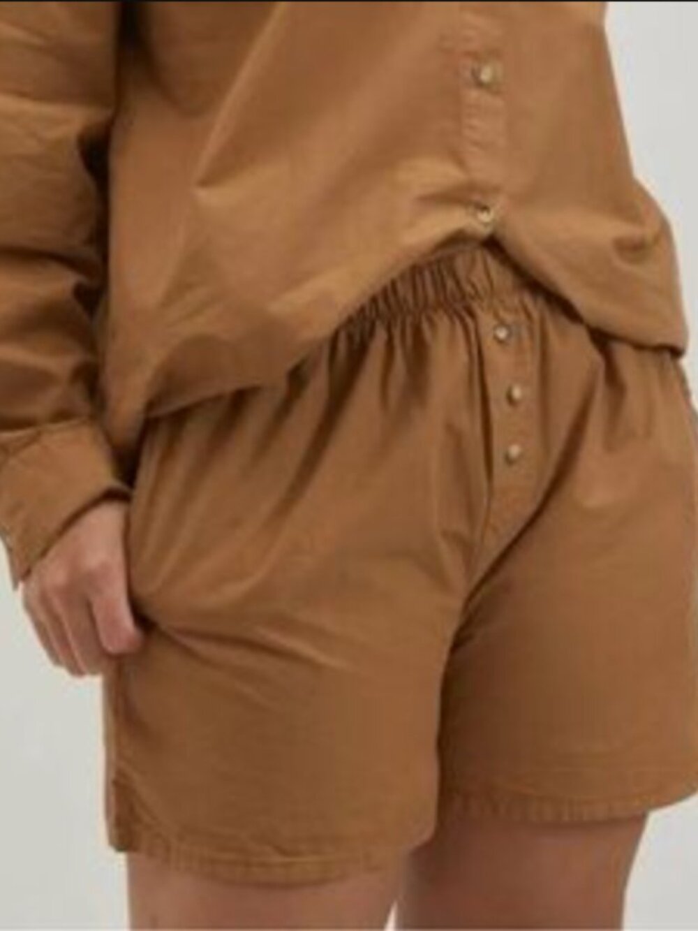 DONNI. Pop Boxer in Camel Tan Brown Button-Front 100% Cotton Shorts NEW